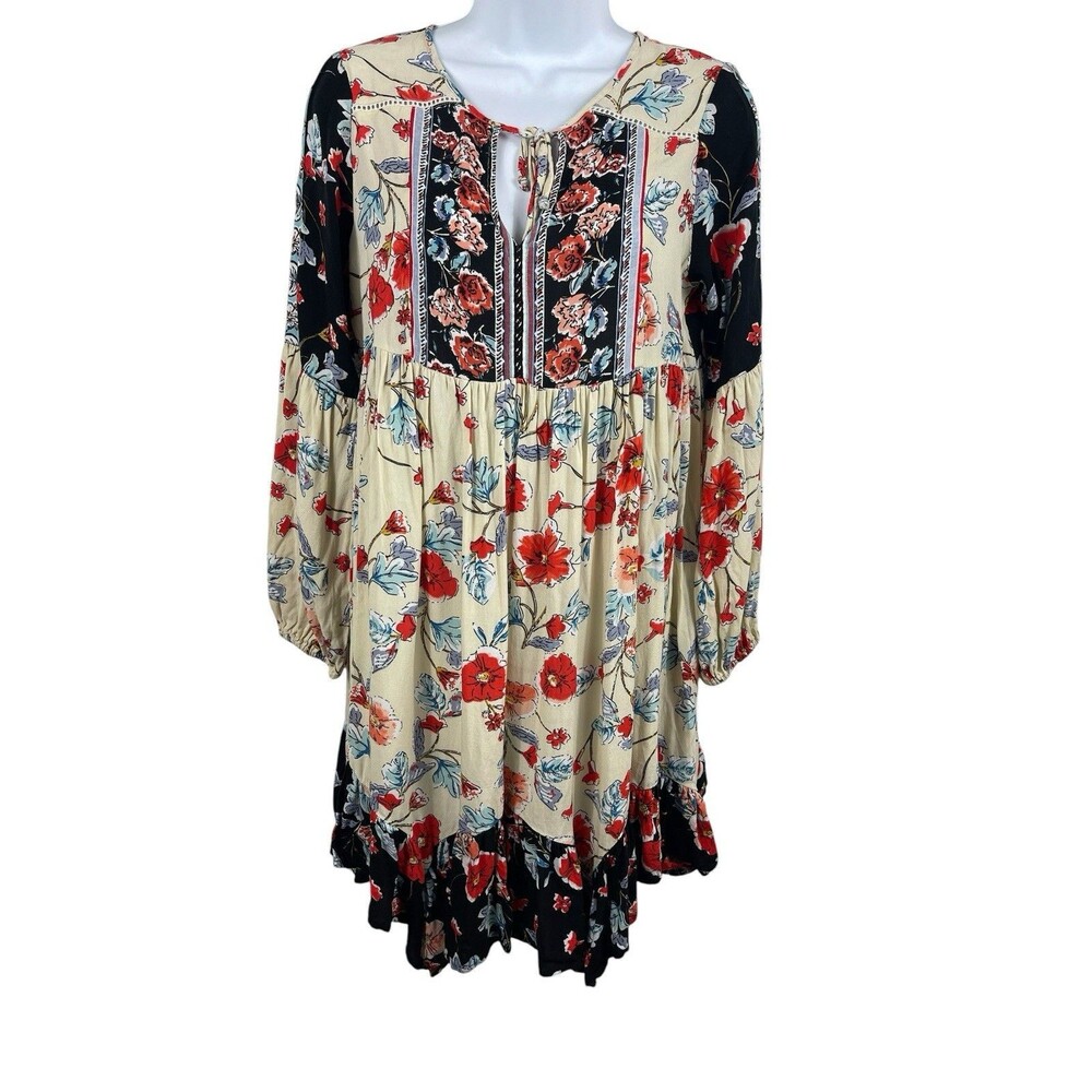 Patrons of Peace XS Floral Dress Boho Peasant Long Sleeve Asymmetrical Hem